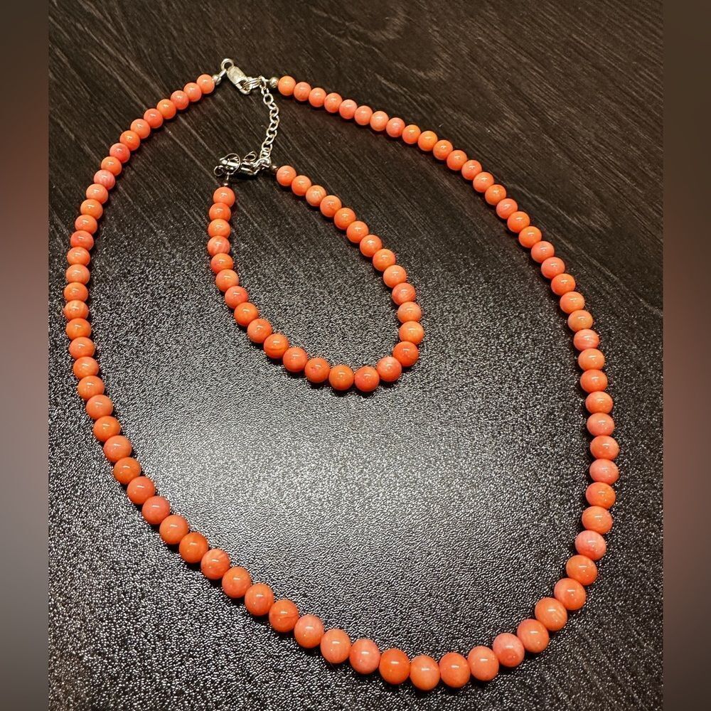 Pink/Peach coral necklace and bracelet‎ with sterling silver clasp set!